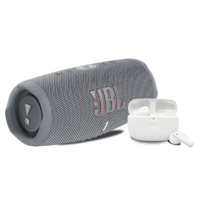 KIT JBL Charge 5 Grey + Vibe Beam 2 White